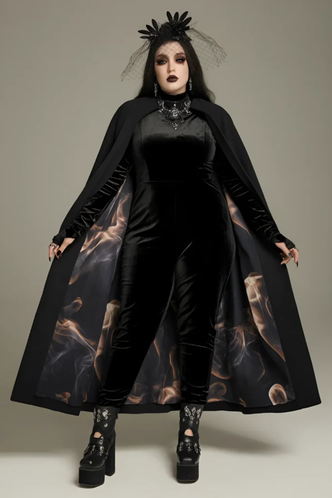 Winter Plus Size Goth Black Velvet Jumpsuit Outfit