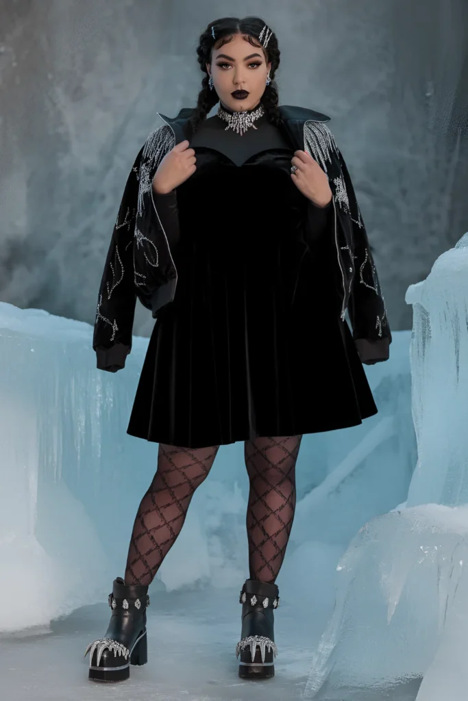 Winter Plus Size Goth Black Velvet Skater Dress Outfit