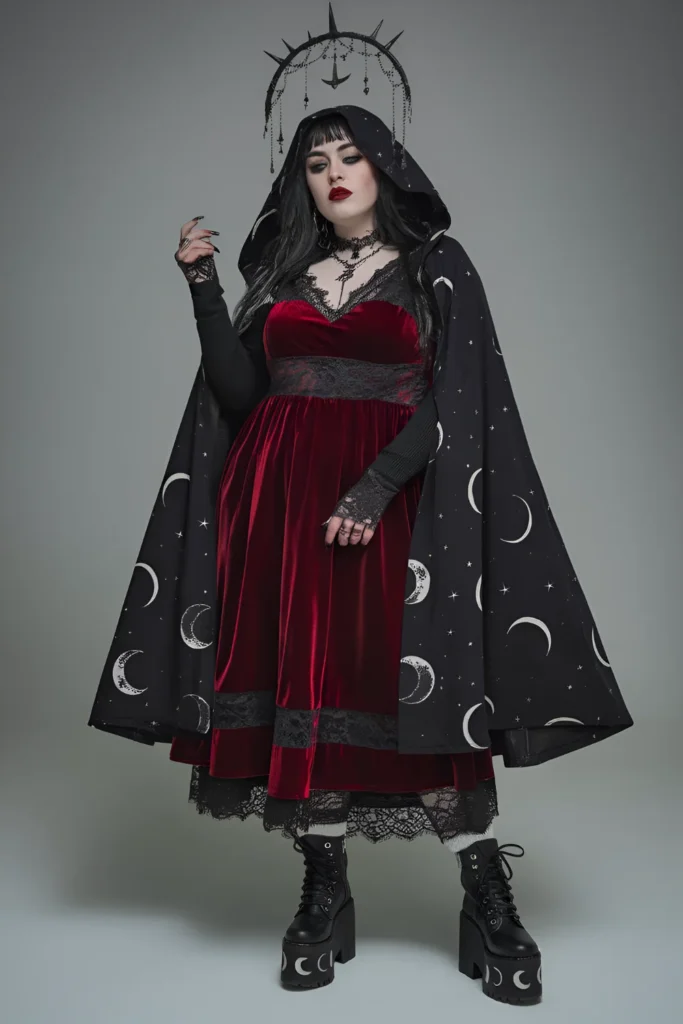 Winter Plus Size Goth Deep Red Velvet Dress Outfit