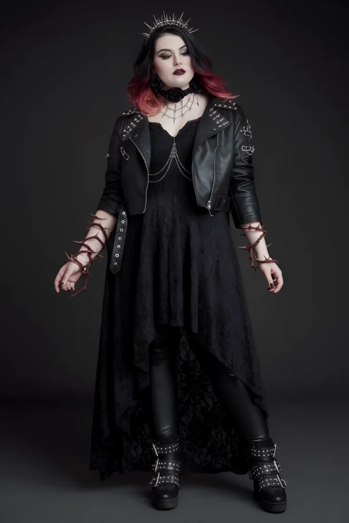 Winter Plus Size Goth Floor-length Black Lace Dress Outfit