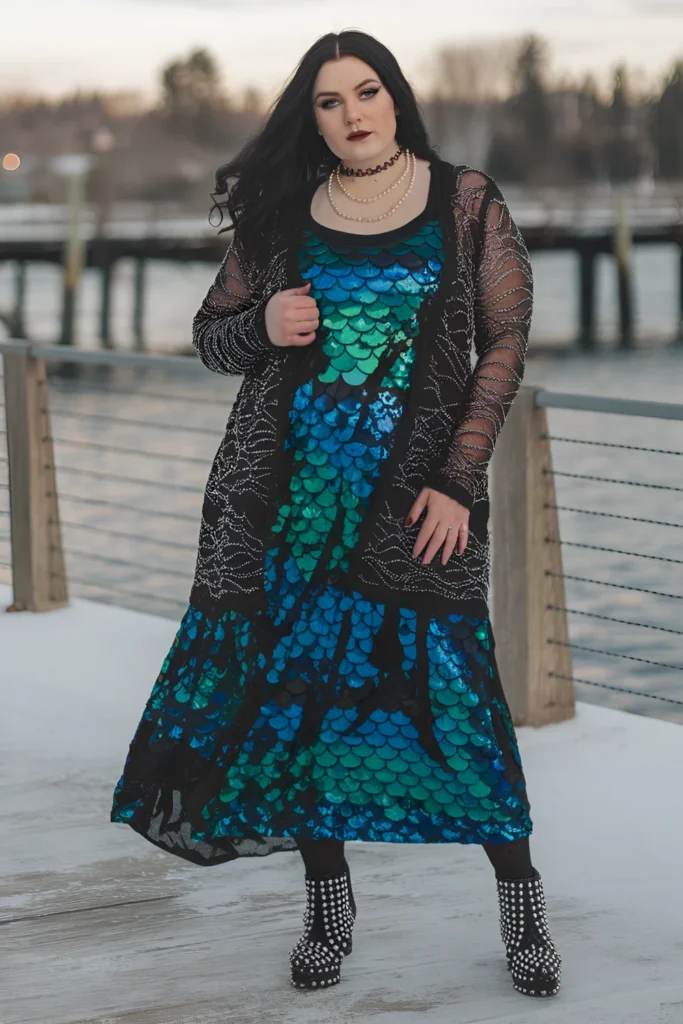 Winter Plus Size Goth Sequined Maxi Dress Outfit