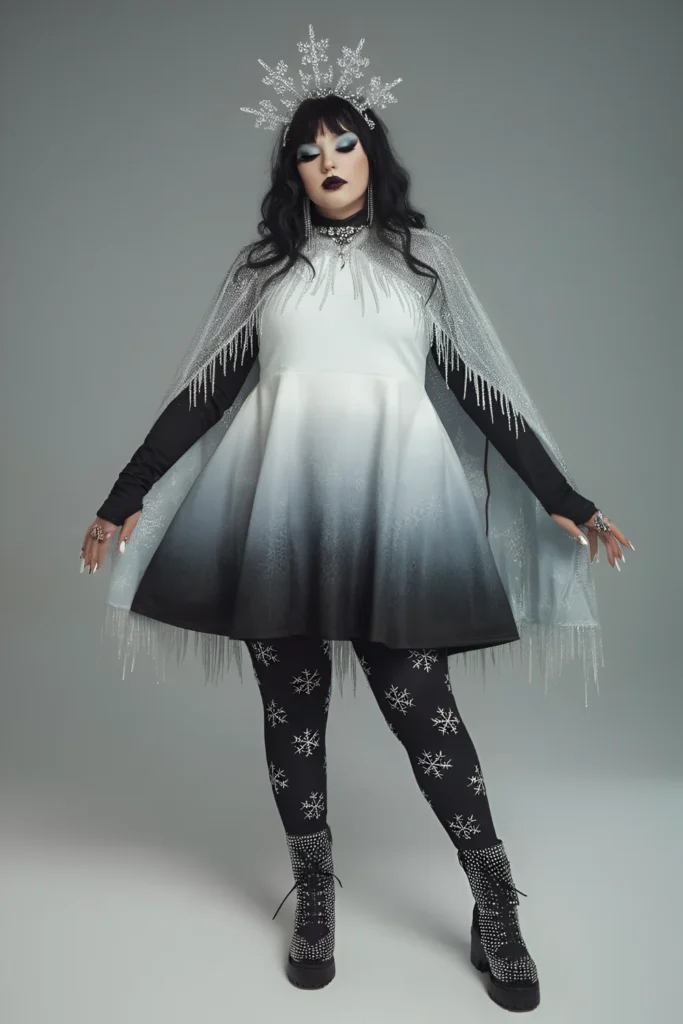 Winter Plus Size Goth White-and-Silver Gradient Dress Outfit