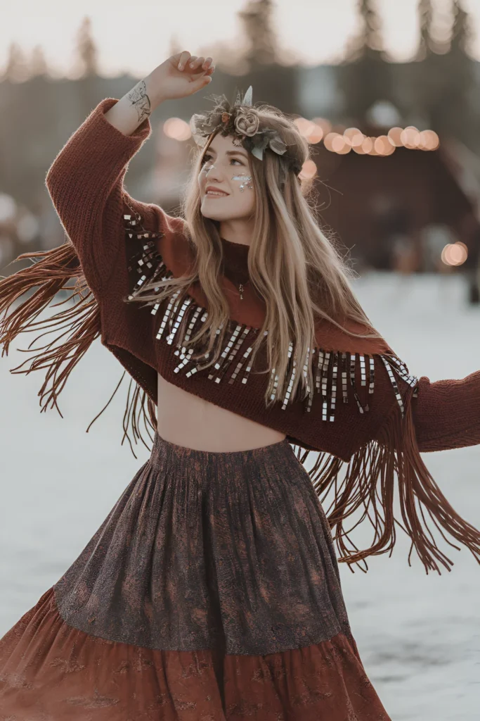 Winter Rave Boho Maxi Skirt Outfit For Festivals