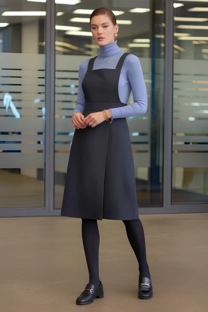 Winter Turtleneck and Pinafore Dress Work Outfit