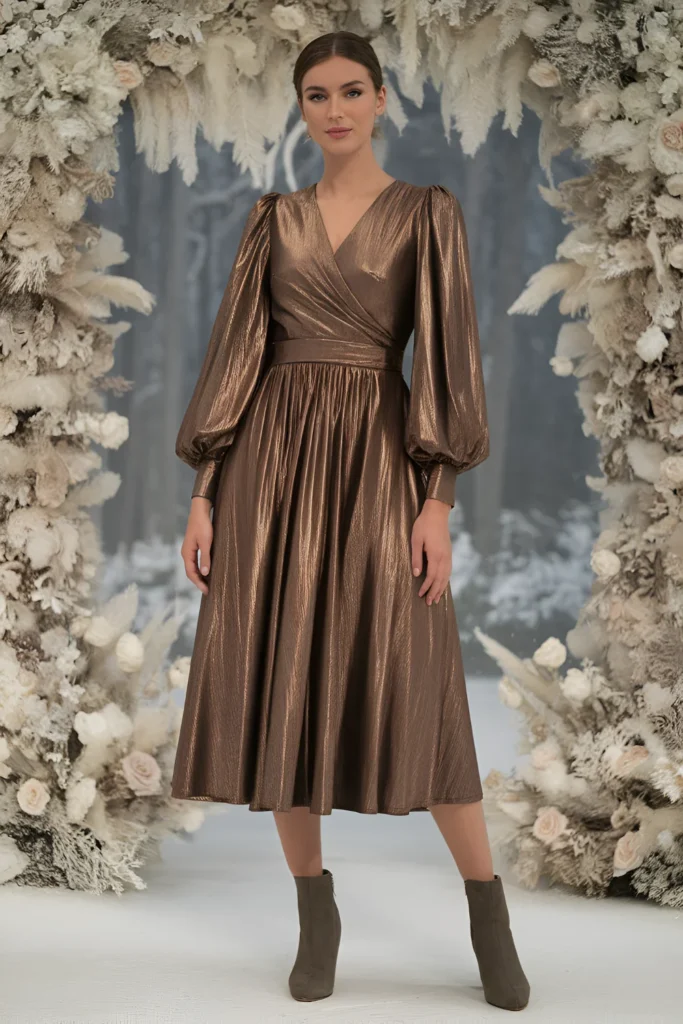 Winter Wedding Guest bronze metallic wrap Dress