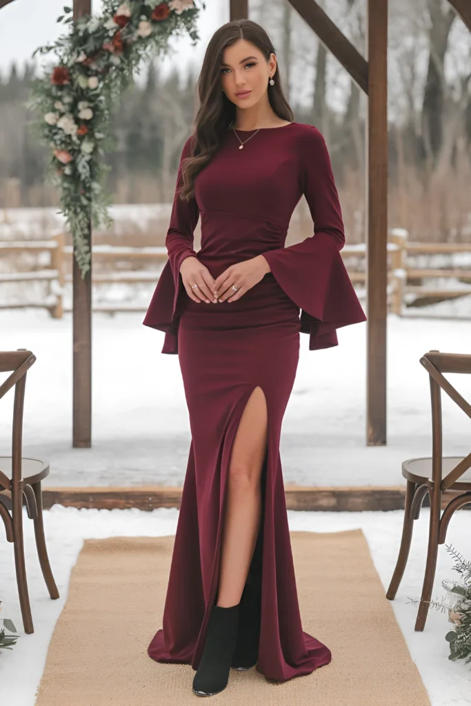 Winter Wedding Guest burgundy bell-sleeve Dress