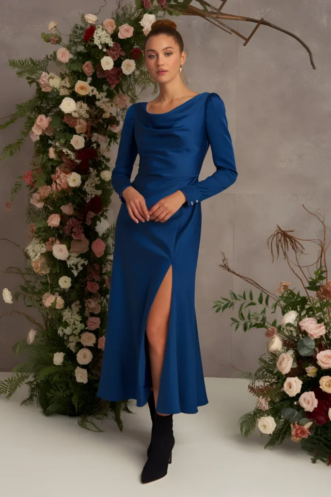 Winter Wedding Guest deep blue satin Dress