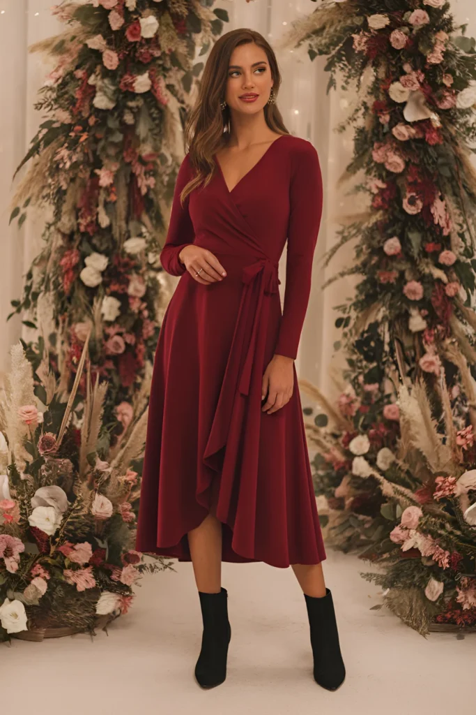 Winter Wedding Guest deep red wrap Dress