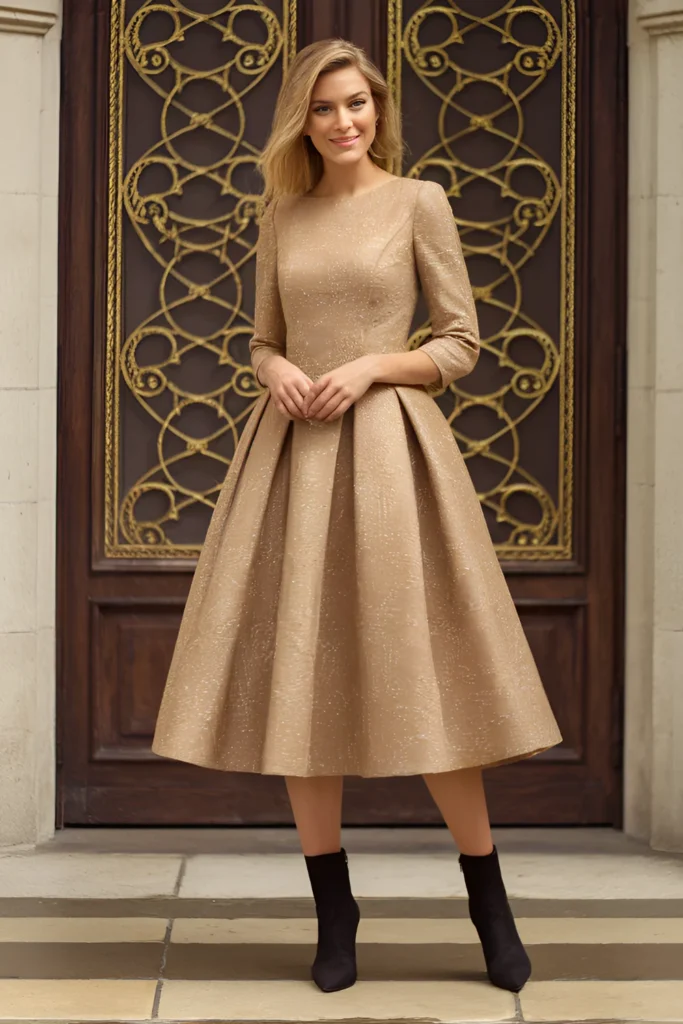 Winter Wedding Guest gold brocade A-line Dress