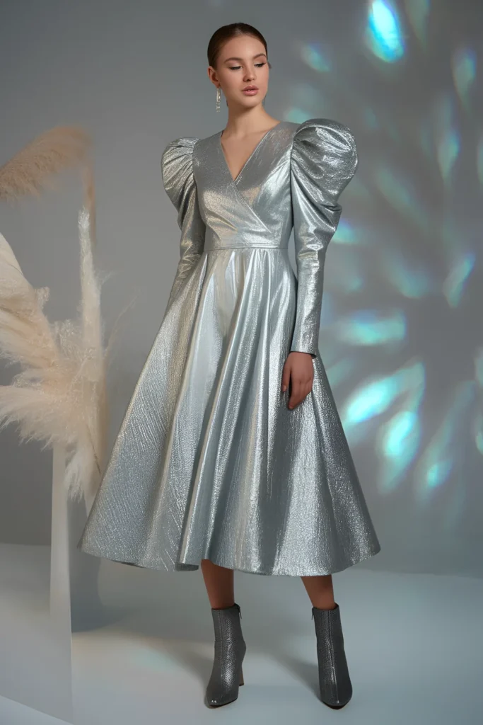 Winter Wedding Guest metallic silver wrap Dress