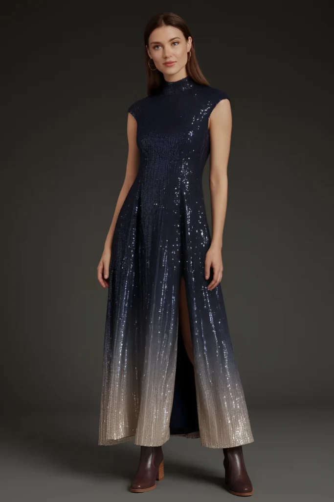 Winter Wedding Guest navy sequined maxi Dress