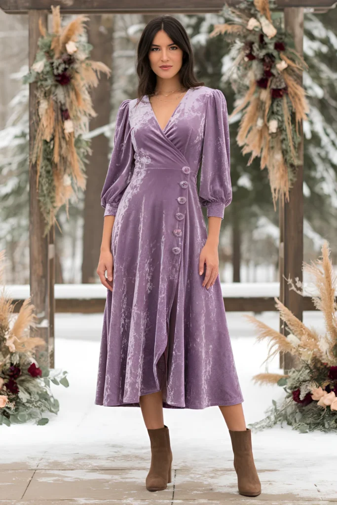 Winter Wedding Guest purple velvet wrap Dress