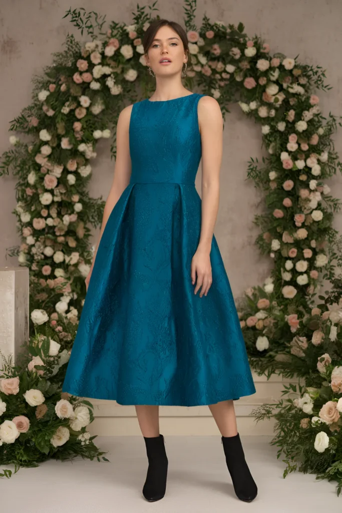 Winter Wedding Guest teal jacquard midi Dress