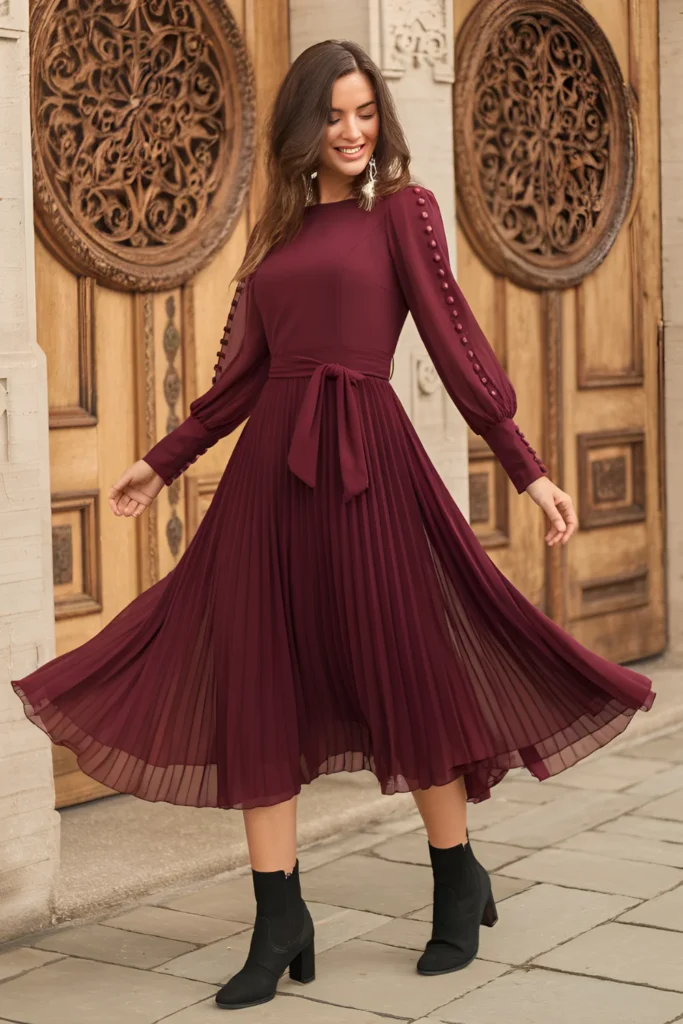 Winter Wedding Guest wine-colored chiffon Dress