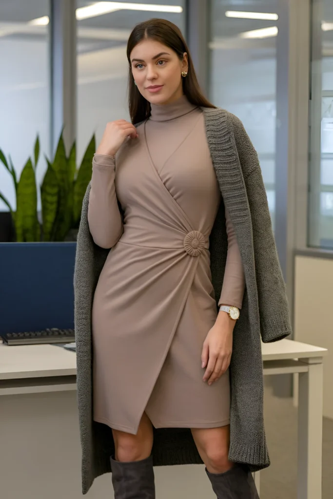 Winter Wrap Dress and Boots Work Outfit