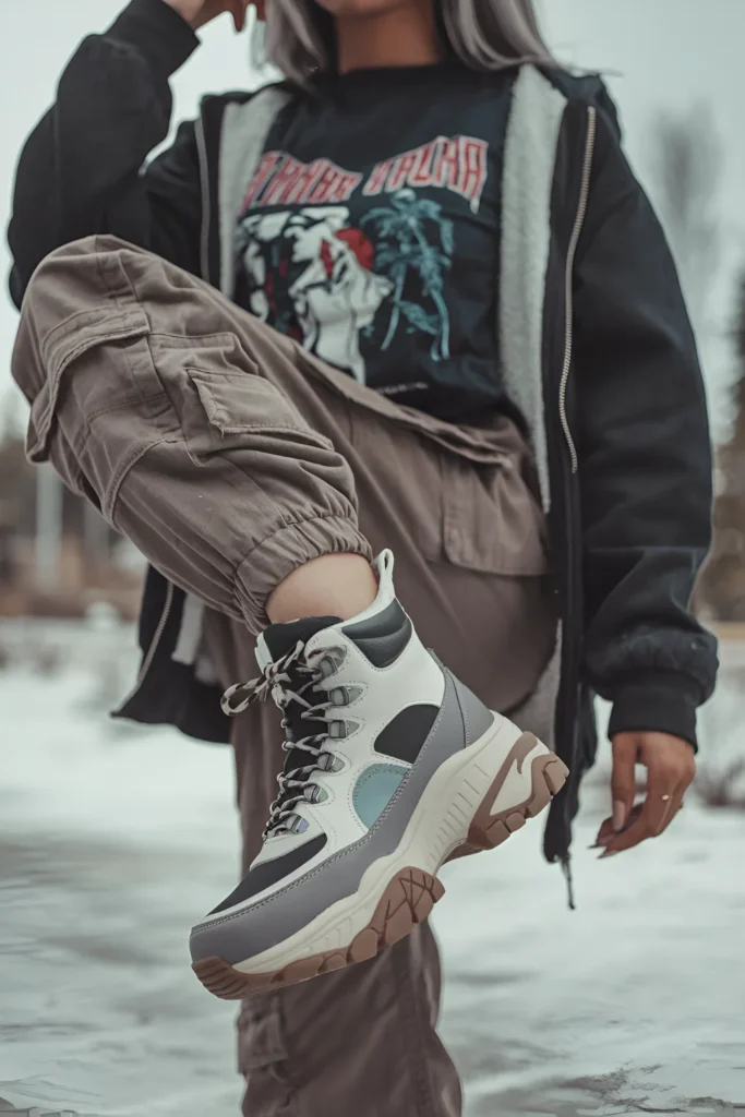 Winter graphic tee, cargo pants, chunky sneaker Boots Outfit