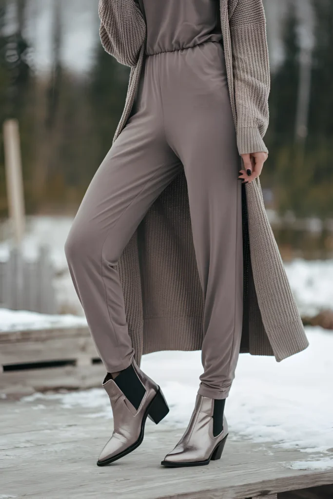 Winter jumpsuit with trendy ankle Boots Outfit