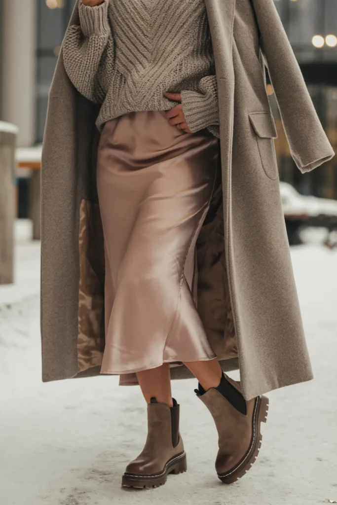 Winter knit sweater, silky slip skirt and ankle Boots Outfit