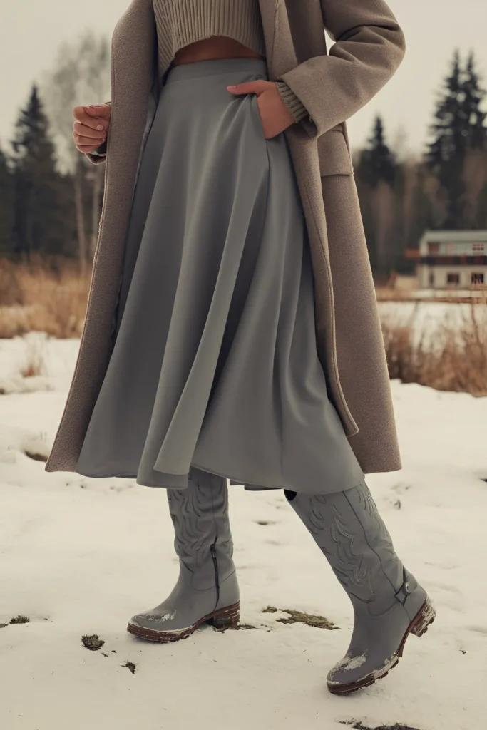 Winter midi skirt, cropped sweater, and knee-high Boots Outfit