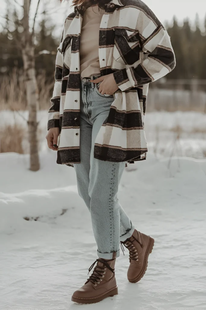 Winter shacket, mom jeans and combat Boots Outfit