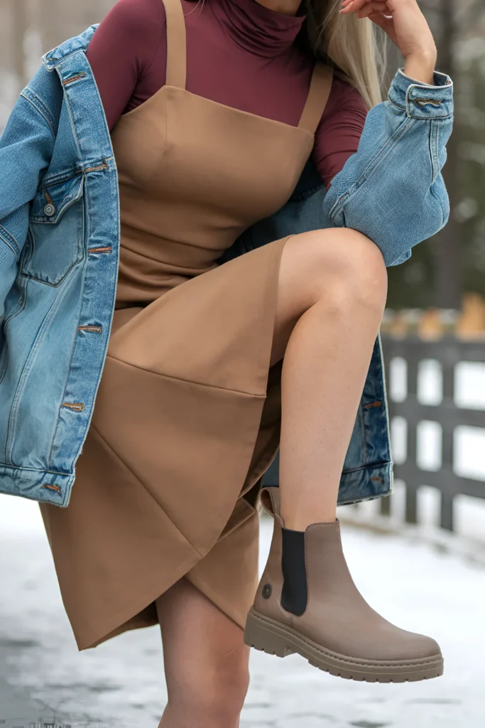 Winter turtleneck, pinafore dress, and ankle Boots Outfit