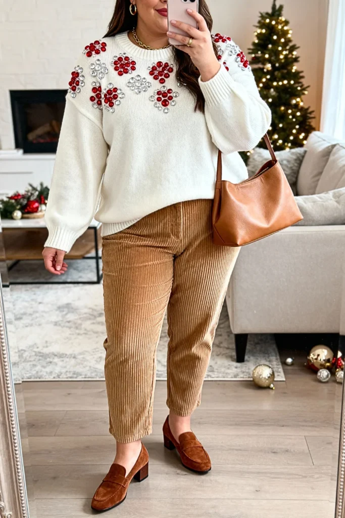 Plus Size Beaded Sweater with Corduroy Trousers Outfit
