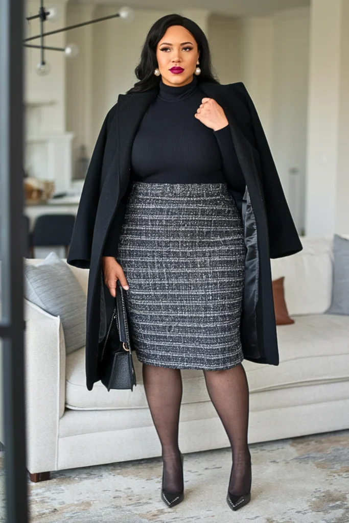 Plus Size Black Turtleneck with Tweed Skirt Winter Outfit