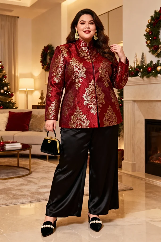 Plus Size Brocade Jacket with Silk Pants Outfit
