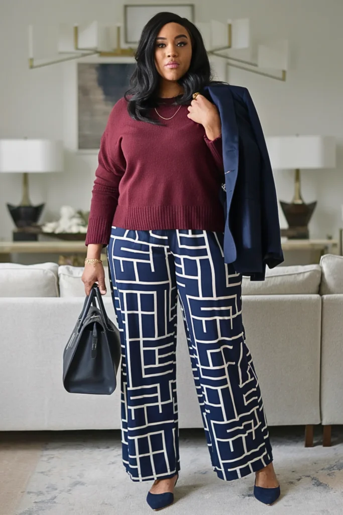 Plus Size Burgundy Sweater with Printed Pants Winter Outfit
