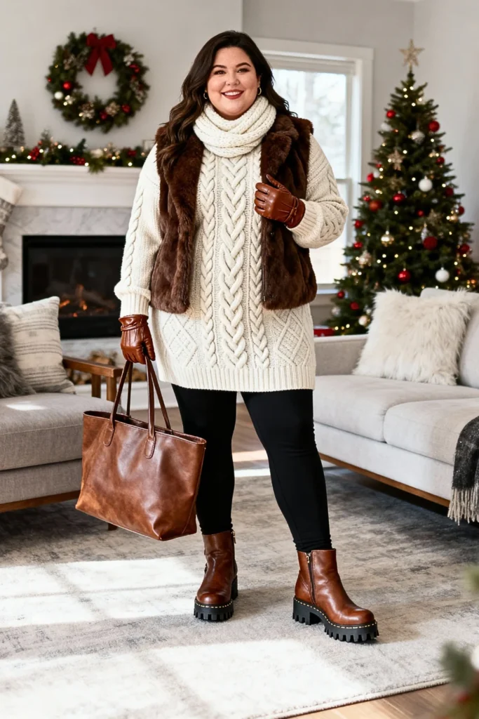 Plus Size Cable Knit Tunic with Faux Fur Vest Outfit