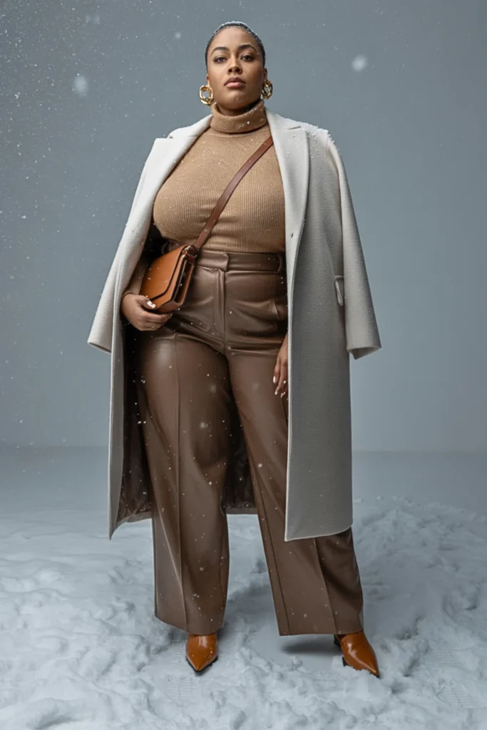Plus Size Camel Turtleneck Sweater with Wide Leg Trousers Winter Outfit