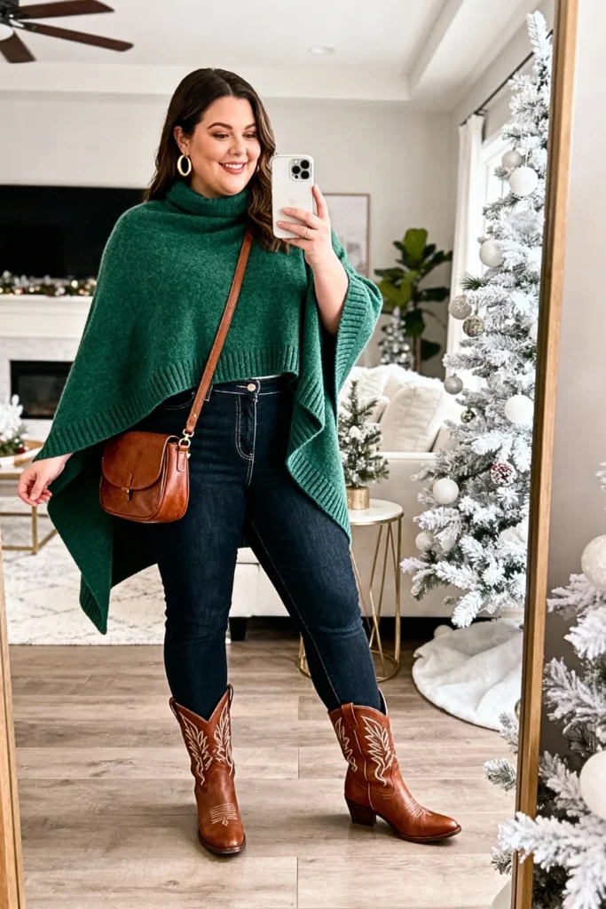 Plus Size Cashmere Poncho with Slim Jeans Outfit