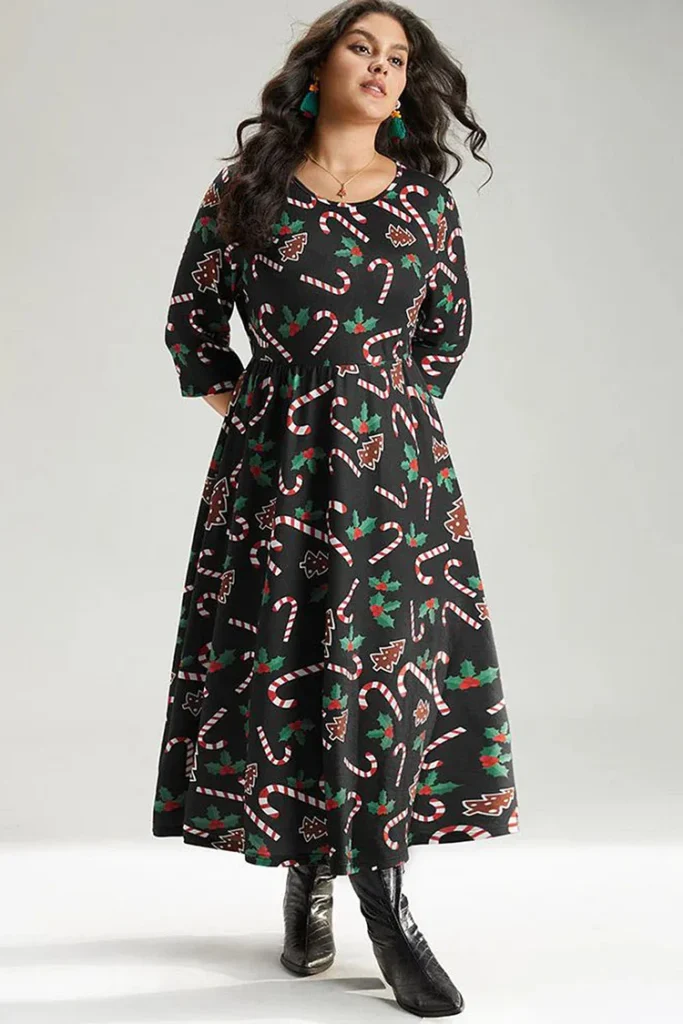 Plus Size Christmas Black Candy Cane Mistletoe Print Tea-Length Dress