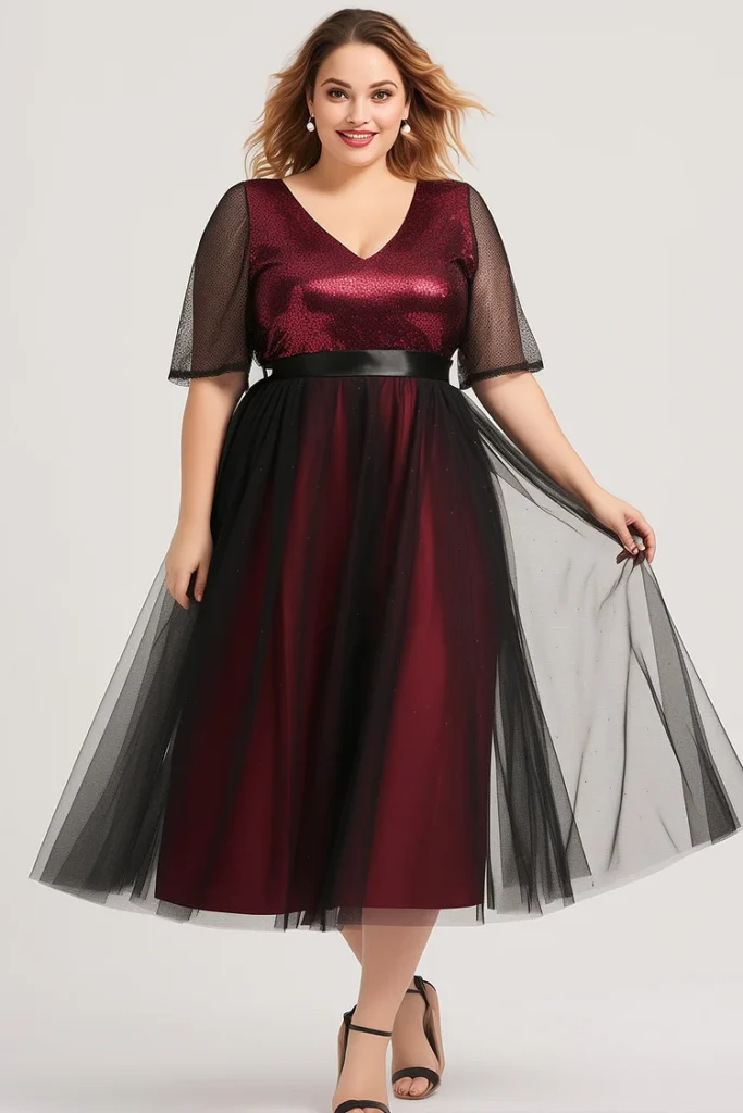 Plus Size Christmas Burgundy Mesh Sparkly Tea-Length Dress