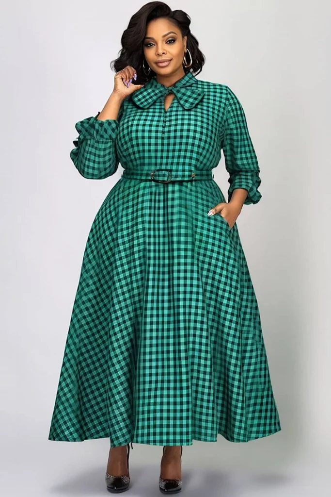 Plus Size Christmas Green Plaid Mock Neck Pocket Bow Tie Knitted Maxi Dress