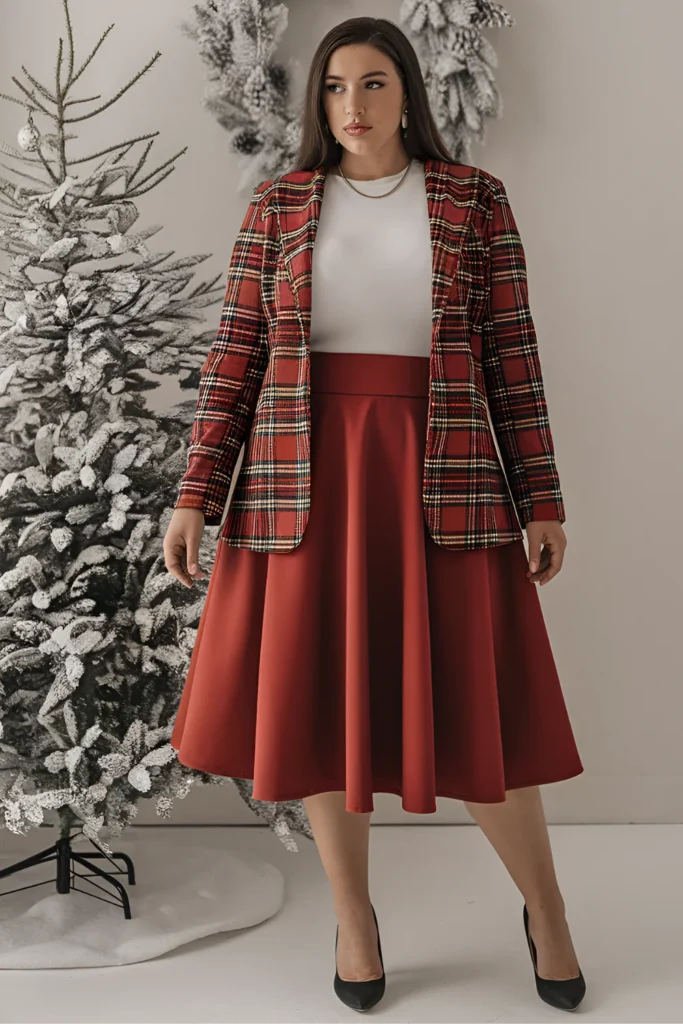 Plus Size Christmas High-Waisted Skirt with Plaid Blazer Outfit