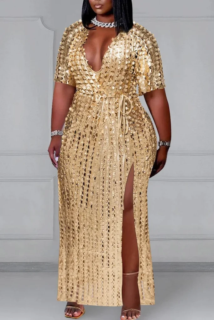 Plus Size Christmas Party Gold V Neck Split Maxi Dress