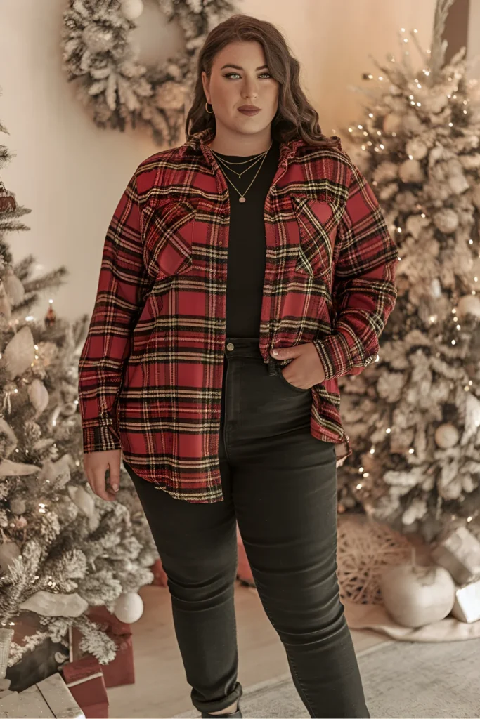 Plus Size Christmas Plaid Shirt and Jeans Outfit