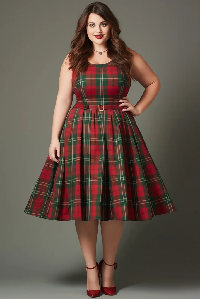 Plus Size Christmas Red Green Contrast Plaid Print Midi Dress