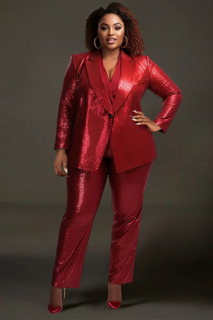 Plus Size Christmas Red Lapel Collar Glitter Two Piece Pant Suit