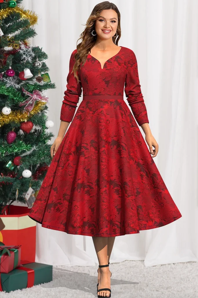 Plus Size Christmas Red Print V Neck Empire Waist Tunic Tea-Length Dress