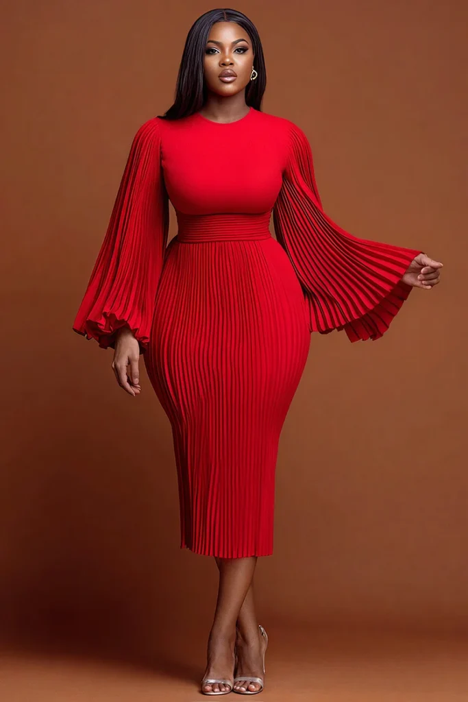 Plus Size Christmas Red Round Neck Flare Long Sleeve Bodycon Elegant Pleated Knitted Midi Dress