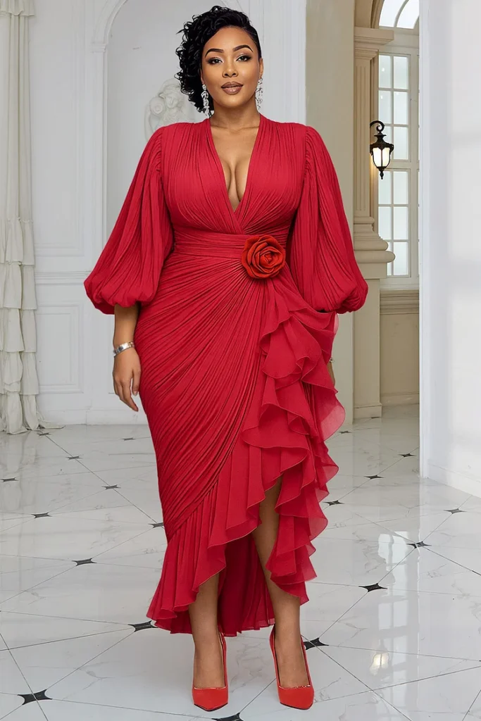 Plus Size Christmas Red V Neck Lantern Sleeve 3:4 Sleeve Ruffle Elegant Bodycon Chiffon Midi Dress