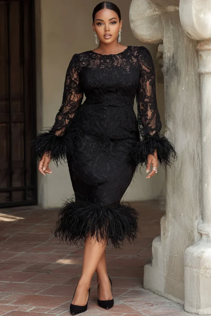 Plus Size Cocktail Party Black Round Neck Long Sleeve Feather Elegant Bodycon Lace Midi Dress