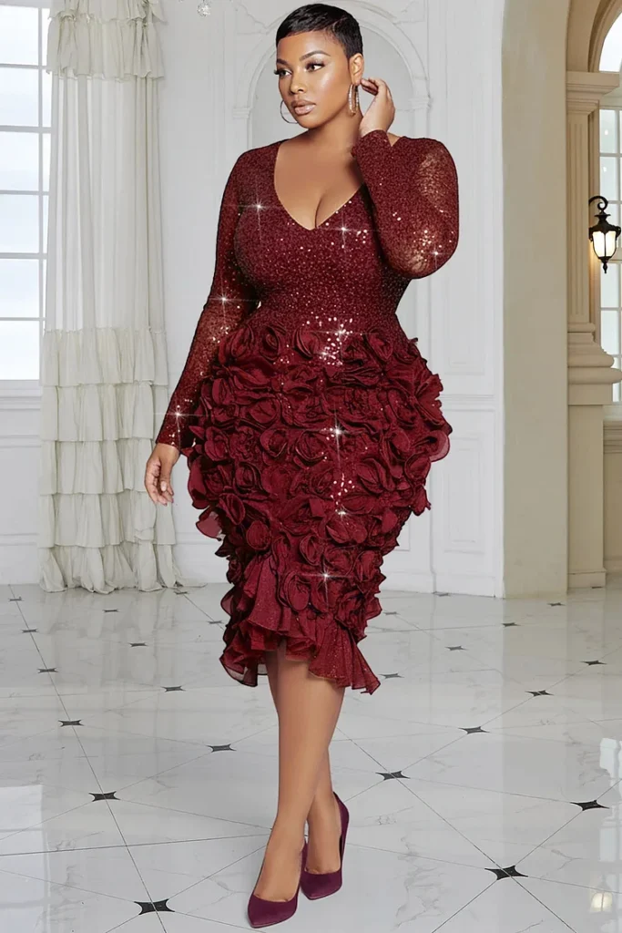 Plus Size Cocktail Party Burgundy V Neck Long Sleeve 3D Elegant Bodycon Sequin Midi Dress