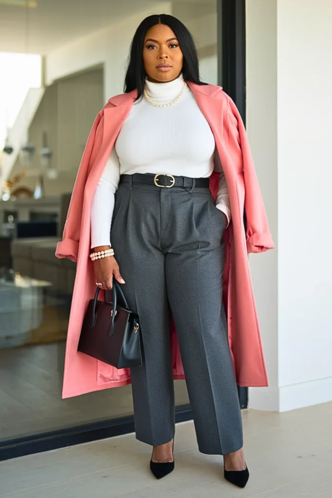 Plus Size Coral Cardigan with Gray Pants Winter Outfit