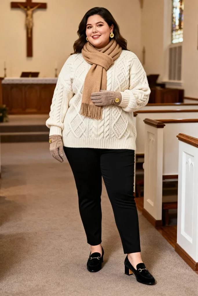 Plus Size Cream Cable Knit Sweater and Ponte Pants Outfit