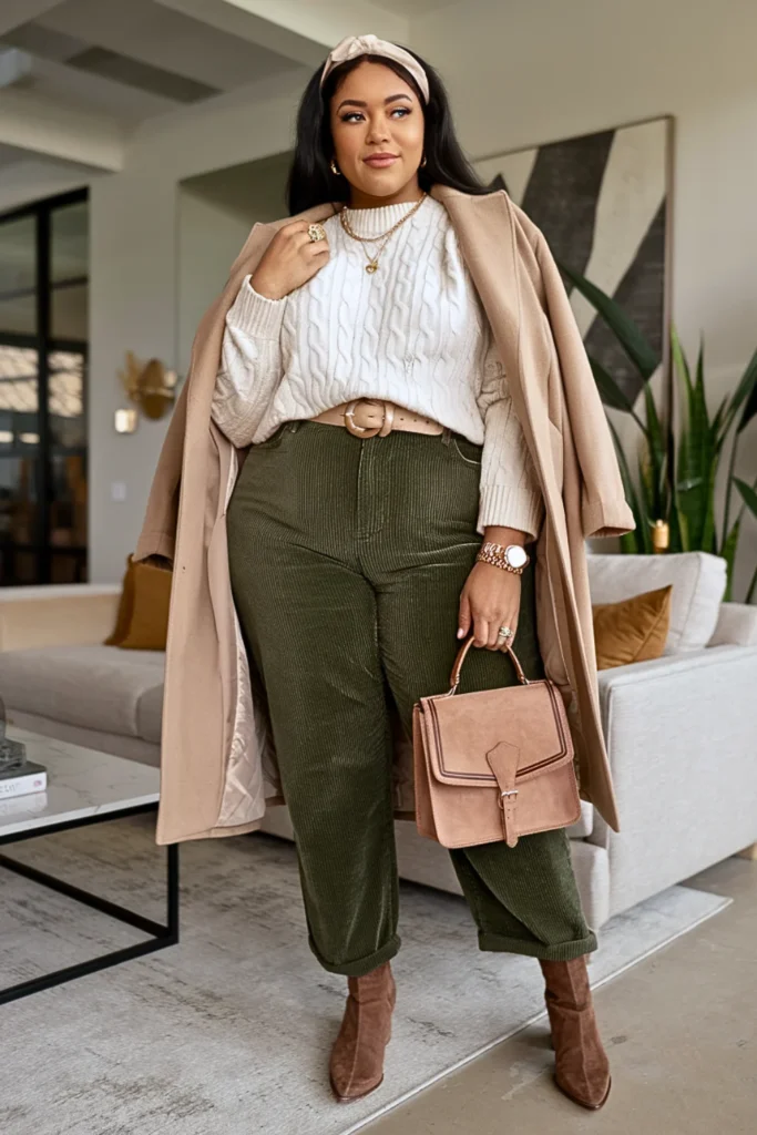 Plus Size Cream Sweater with Corduroy Pants Winter Outfit