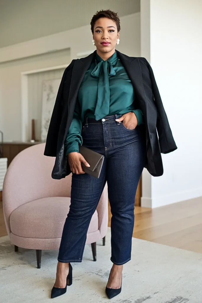 Plus Size Emerald Green Blouse with High Waisted Jeans Winter Outfit