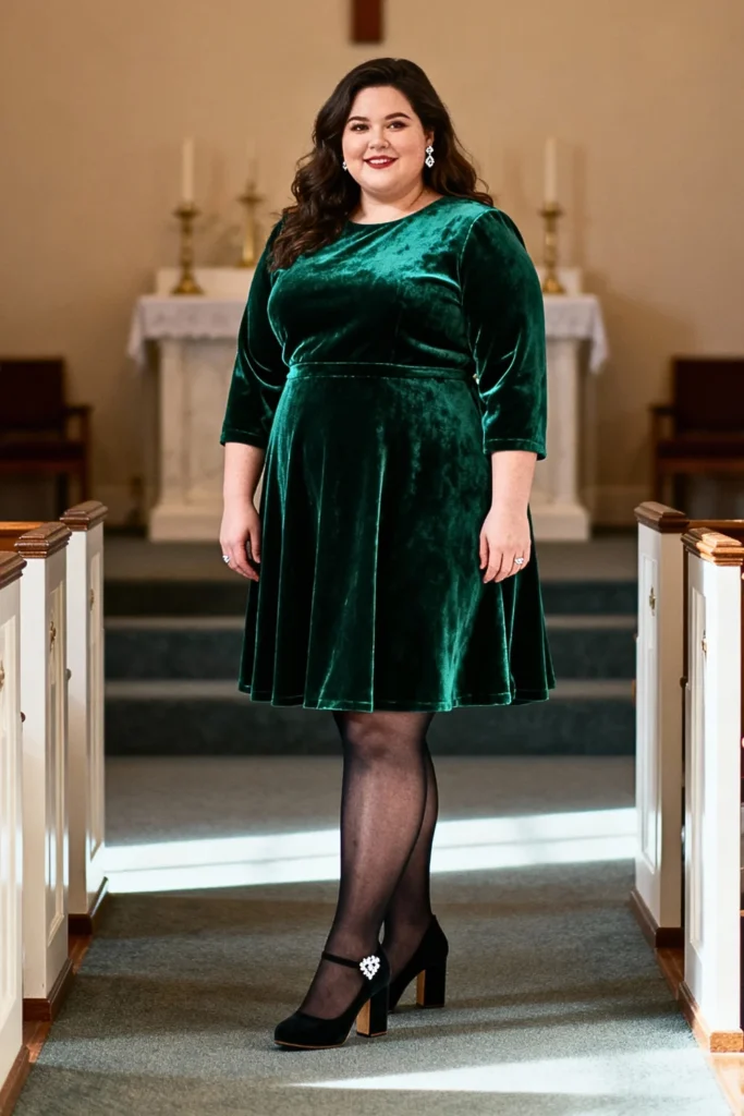 Plus Size Emerald Velvet A-Line Dress Outfit